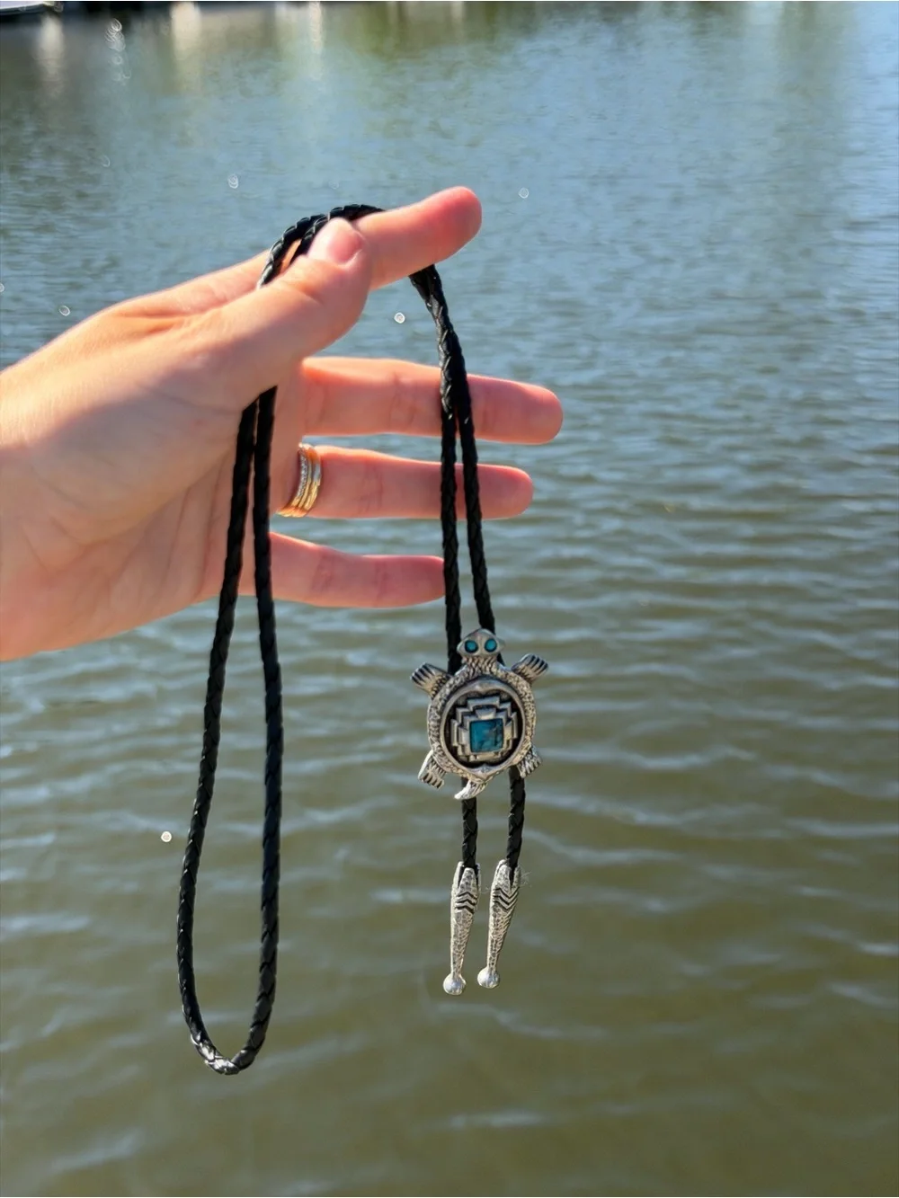 Silver Turtle Bolo Tie Necklace with Blue Inlay - Women Jewelry